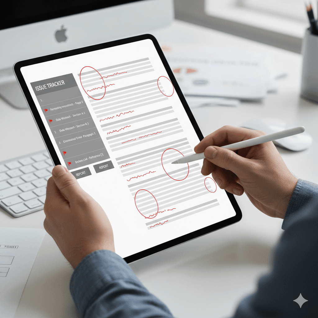 Person marking up a digital document on a tablet with a stylus, highlighting errors and issues.