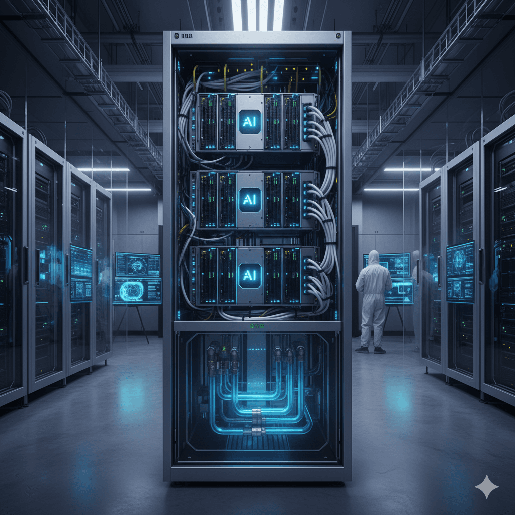 AI server rack stands prominently in the center of a well-lit, high-tech data center. The server units within the rack glow with blue light, featuring prominent 'AI' logos
