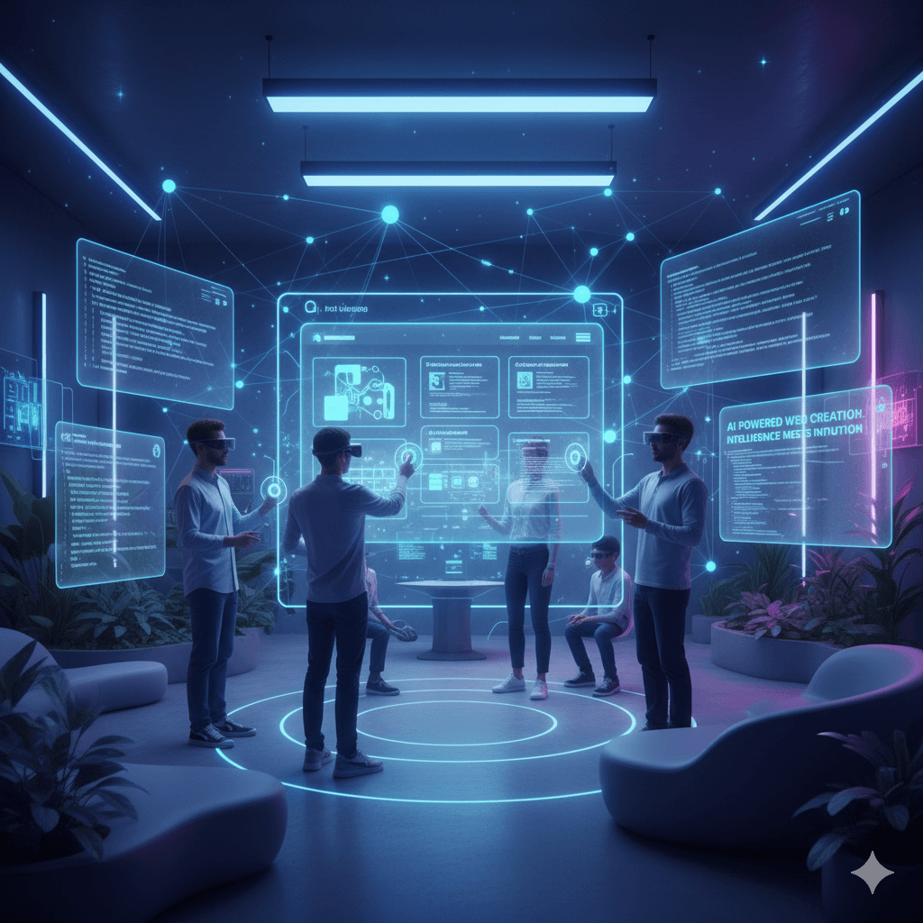 Web developers collaborating with AI using virtual reality and holographic user interfaces to design and code a website in a futuristic setting.