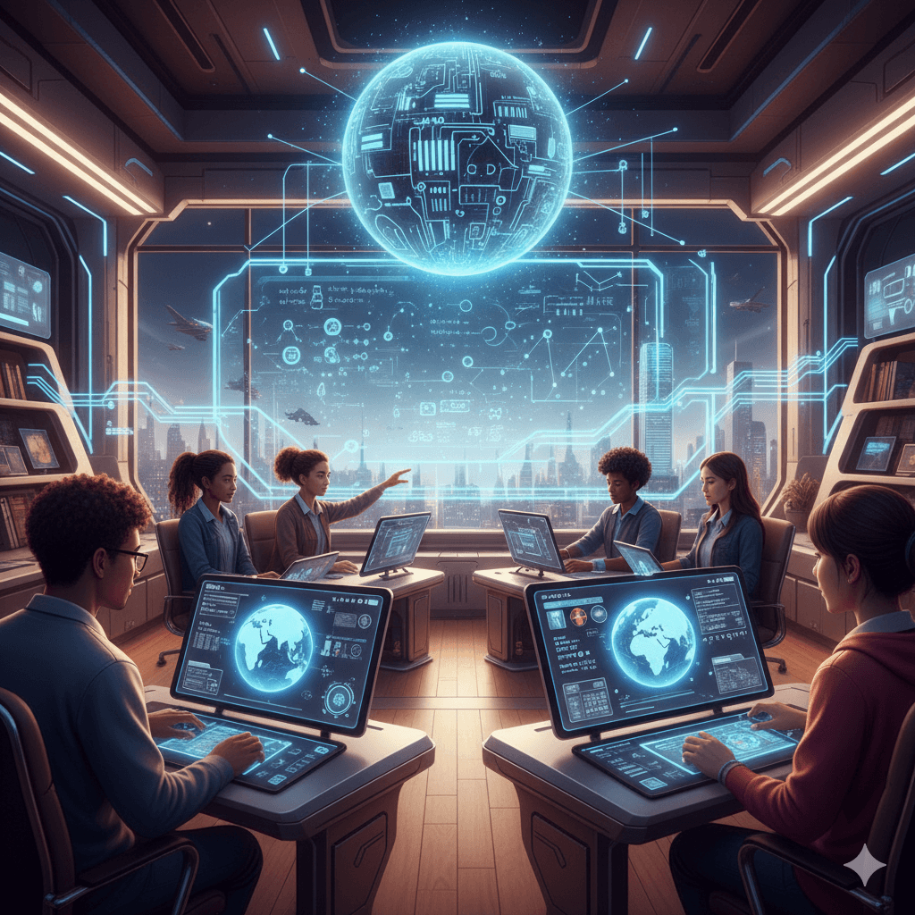 Students in a futuristic classroom using advanced technology to learn.
