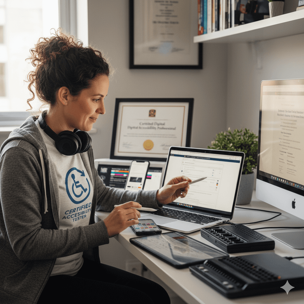 A smiling certified accessibility tester, wearing headphones and a t-shirt with an accessibility logo, actively tests a website on a laptop and various mobile devices at her home office desk